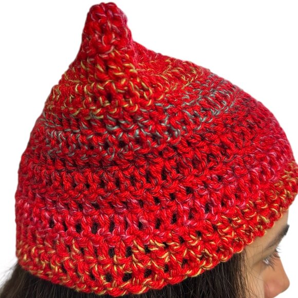 Crochet Cat Ear Beanie Unisex Red Multicolor Small Stripes Brand New Handmade - Picture 4 of 4